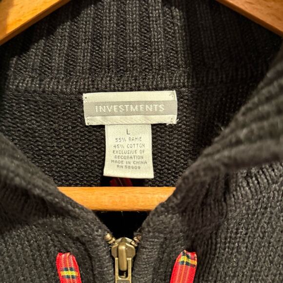 Vintage Christmas Wreath Zip Sweater Plaid Ribbon Applique Beaded Sz Lrg Black - Picture 8 of 12